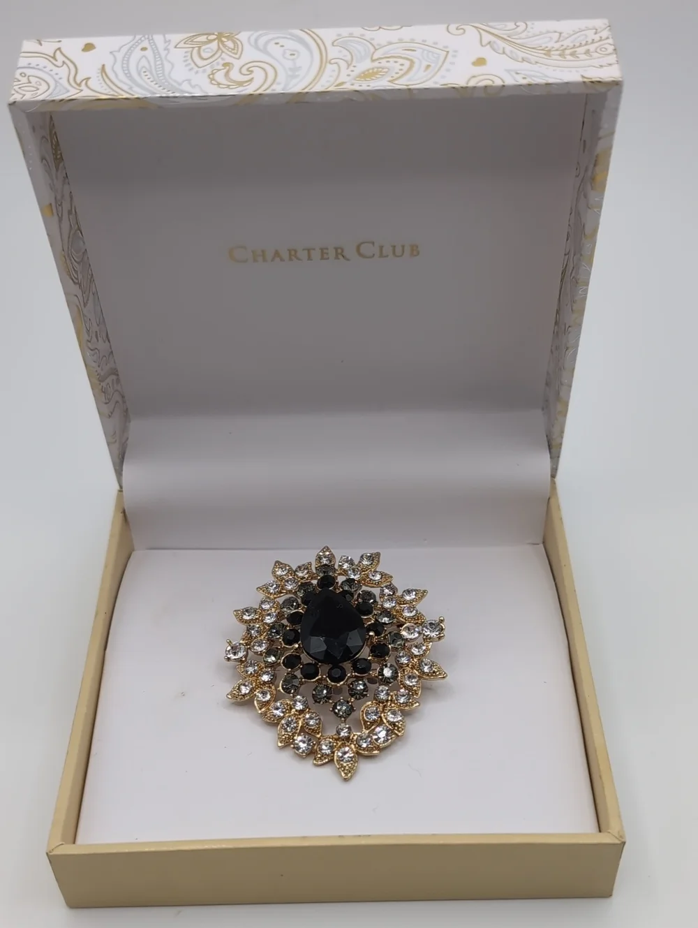 MACY'S Boxed Cluster Goldtone & Gray Black Rhinestone Brooch Pin NWT
